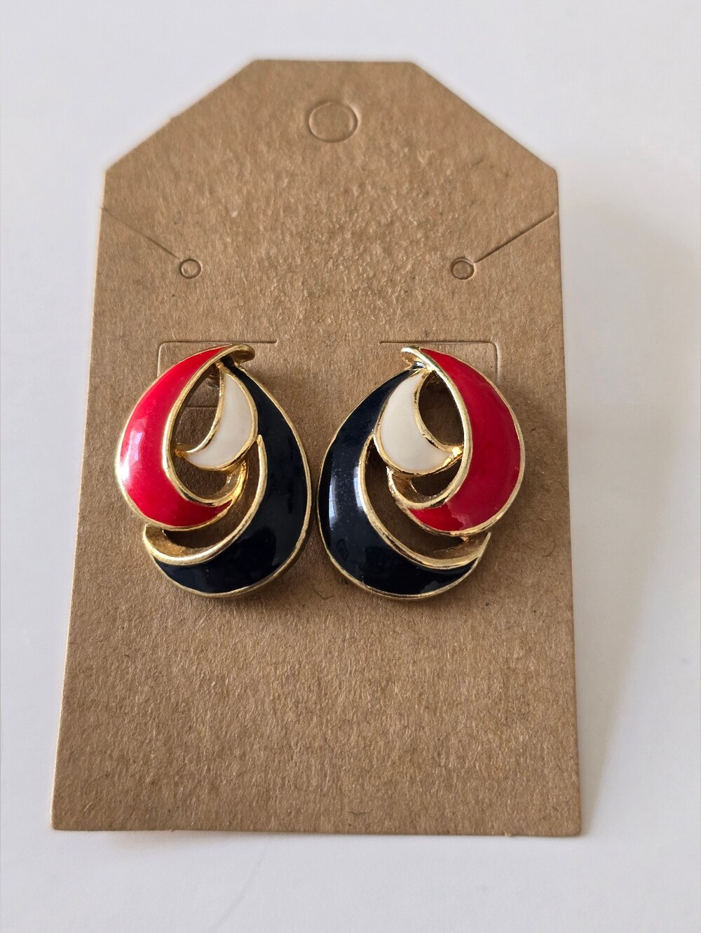 Vintage Gold-Tone Red, Blue & Cream Swirl Earrings